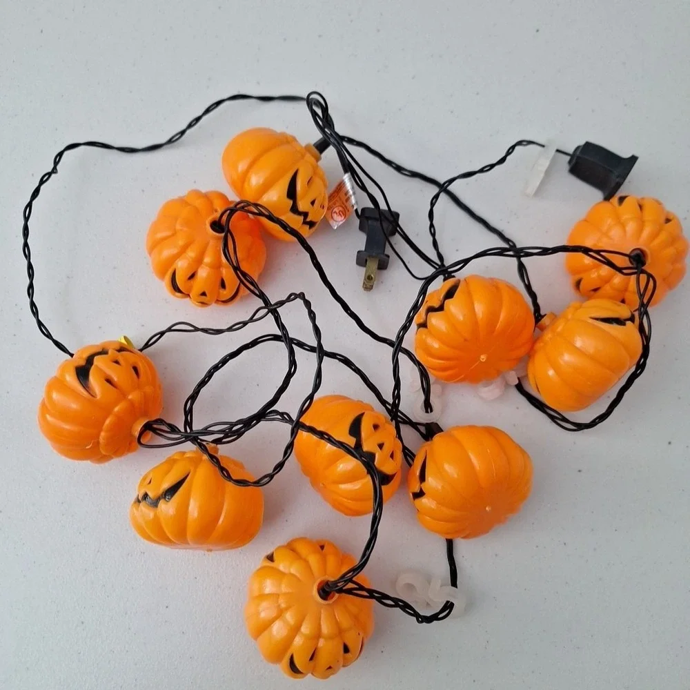 Vintage Pumpkin Blow Mold String Lights Jack-o-Lantern 10 Light Work